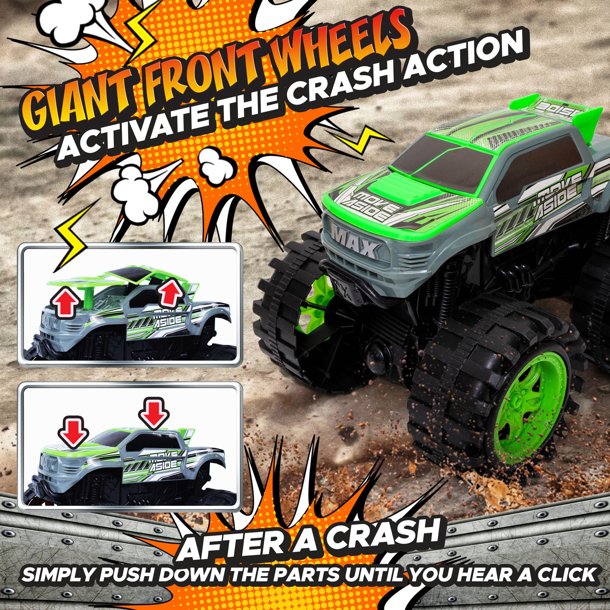 Front wheels trigger crash action in monster truck toy