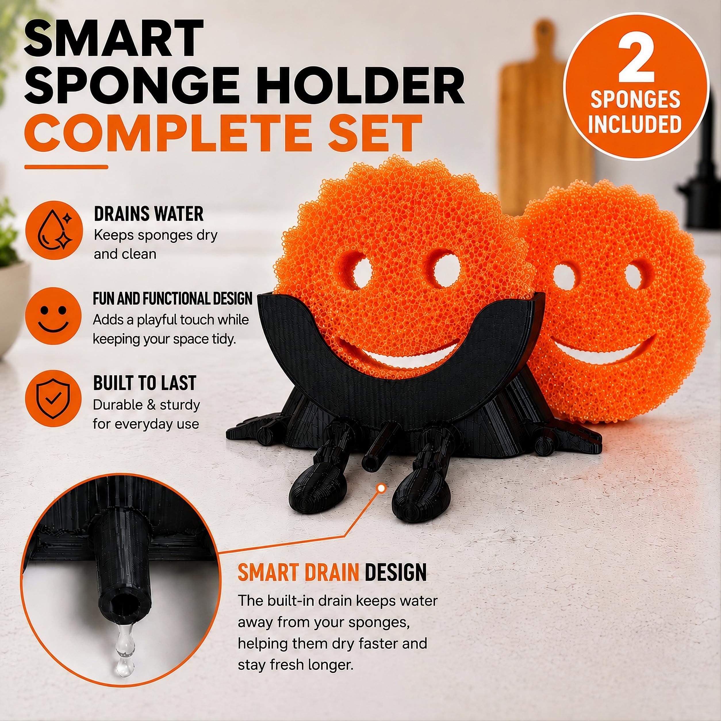 Two smiley face sponges included in set