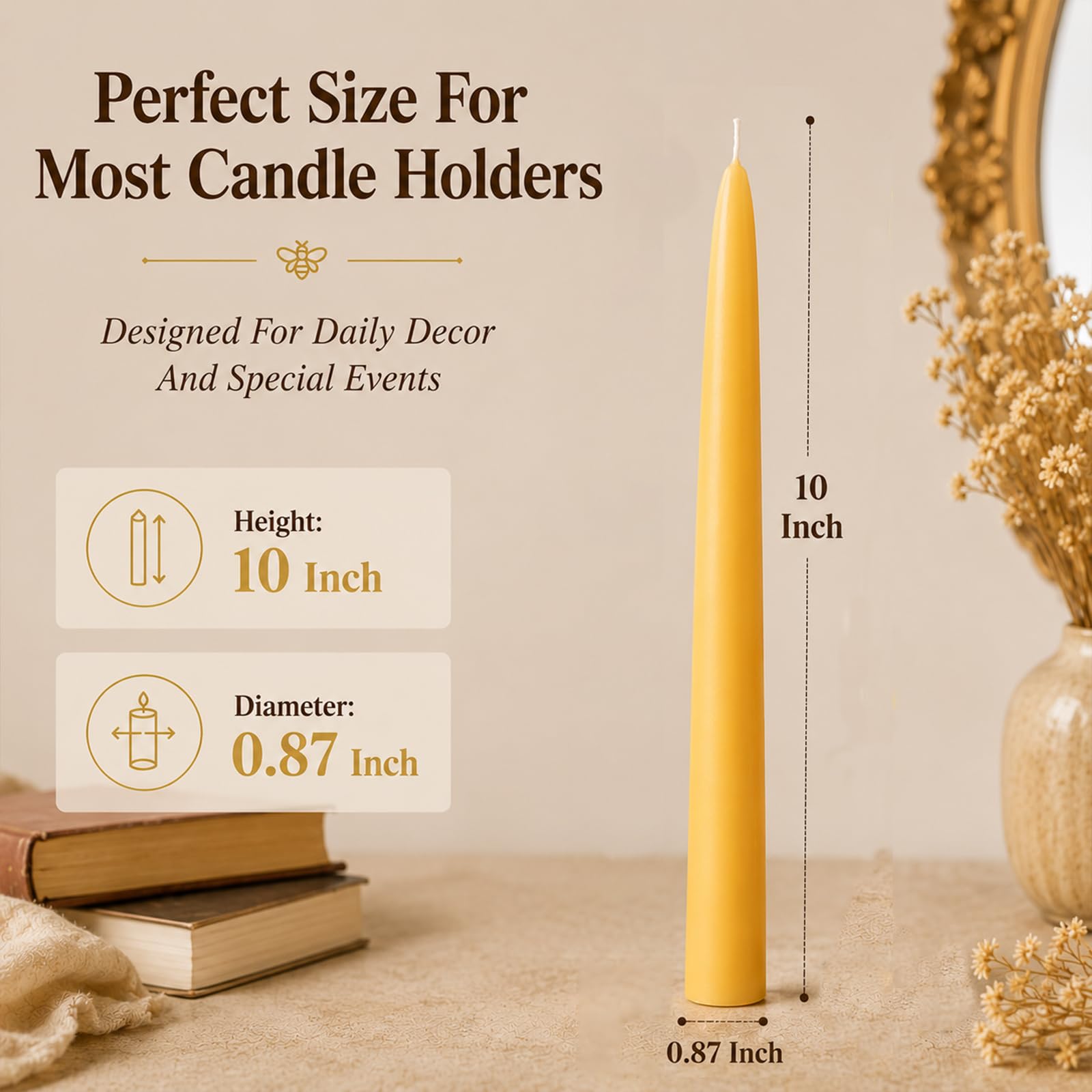 Smokeless beeswax taper candle 10 inch