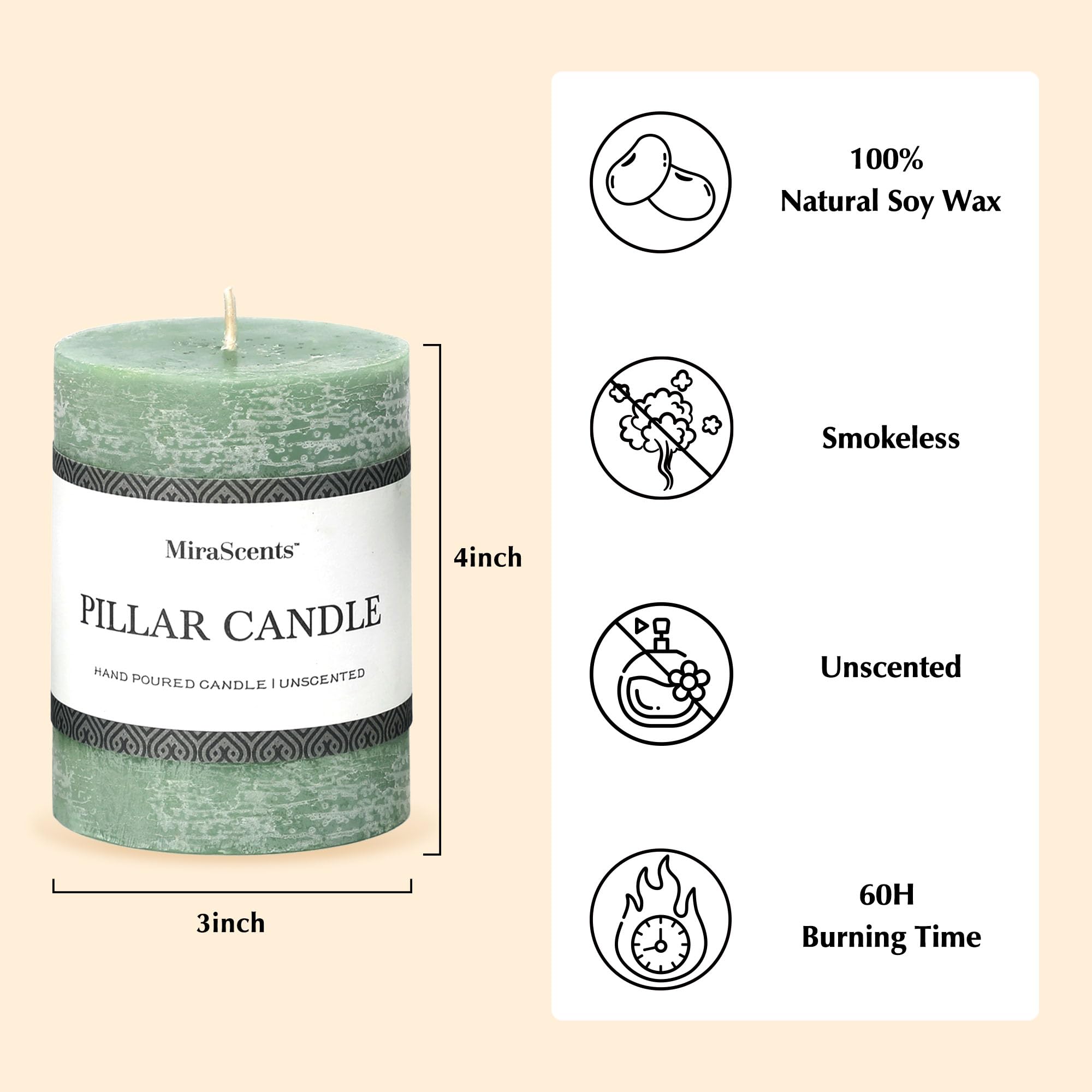 Smokeless dripless pillar candle 3x4 inch sage green