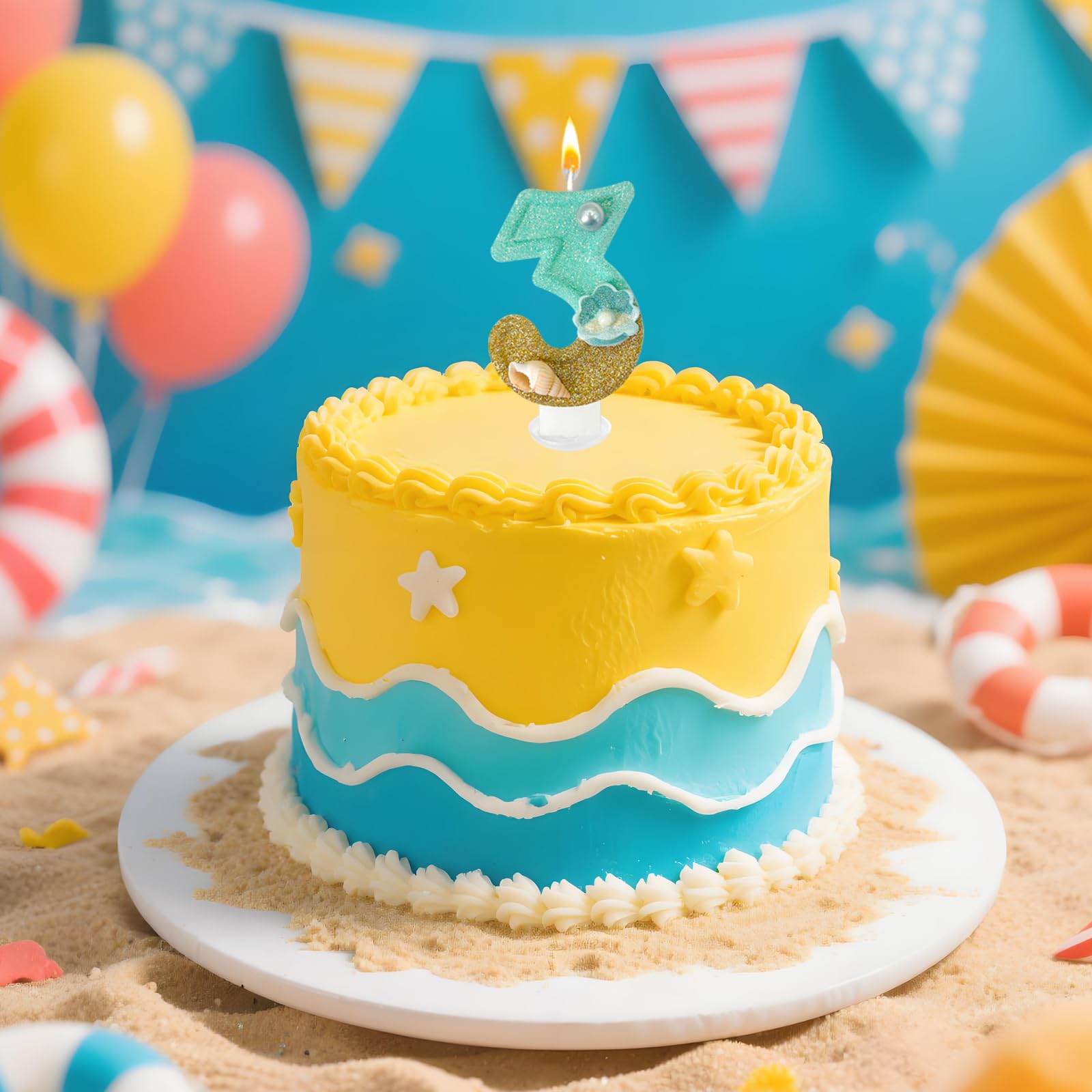 Decorative blue birthday candle with conchs pearls for cake topper