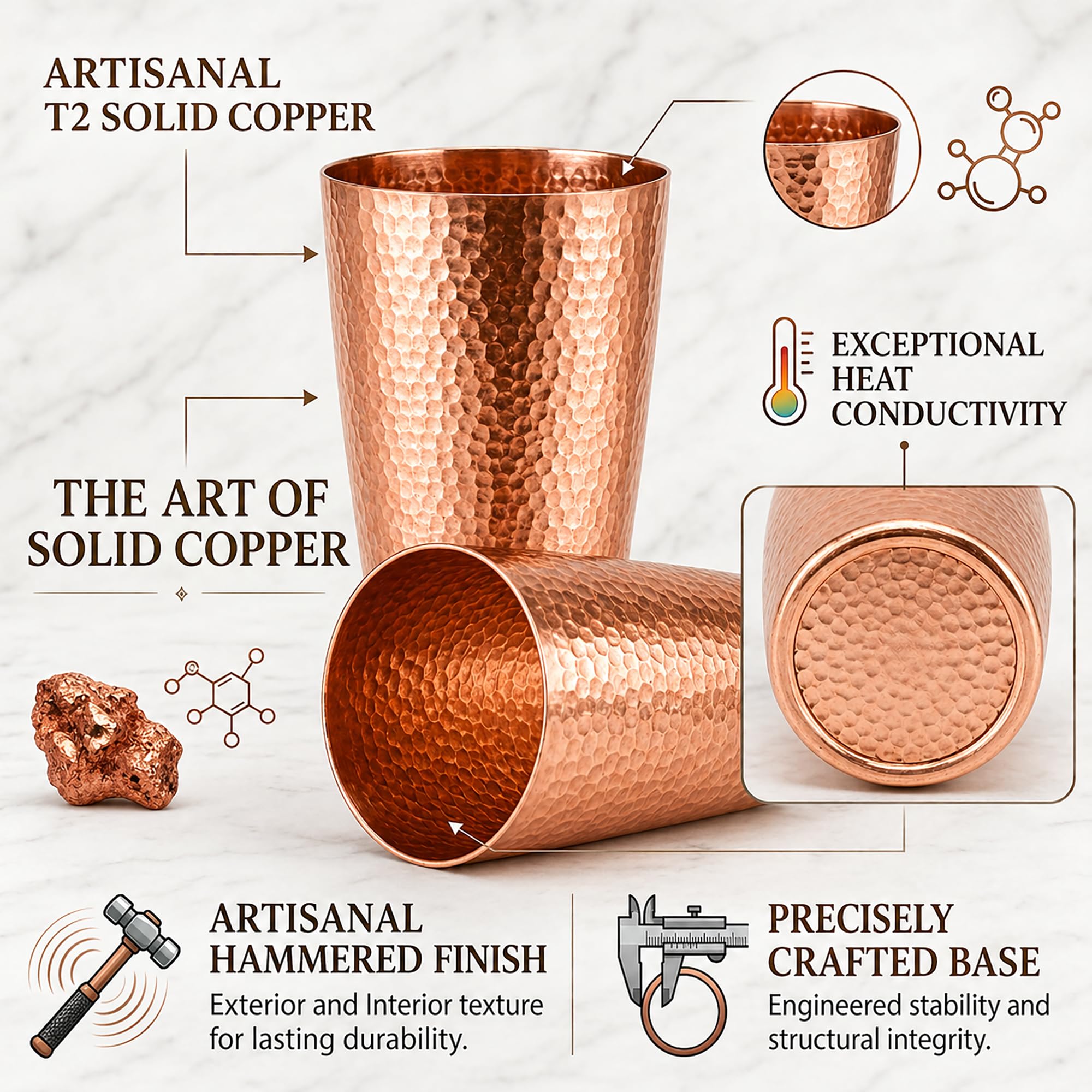 Copper tumbler suitable for water tea and beverages