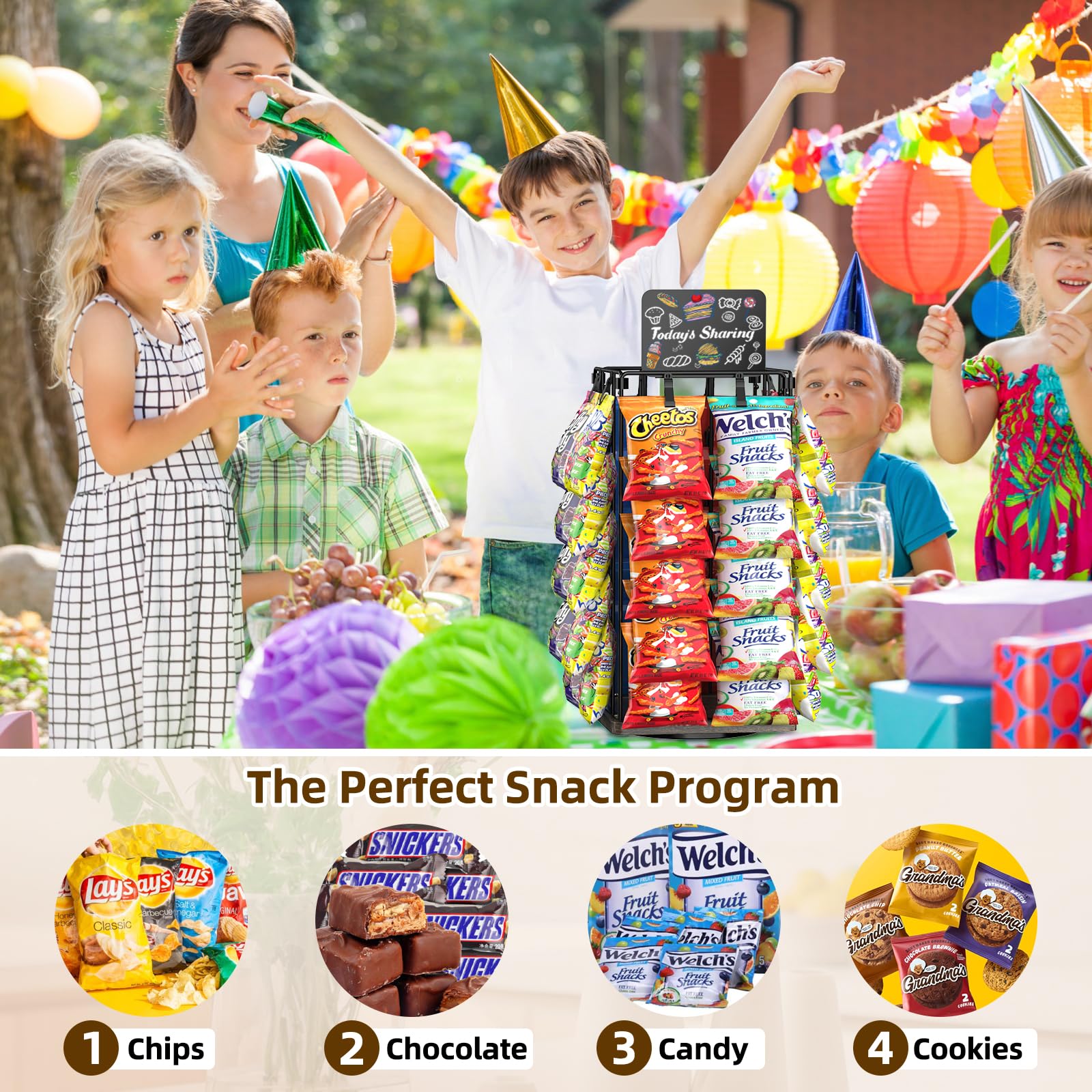 Versatile snack rack for home office party and retail use