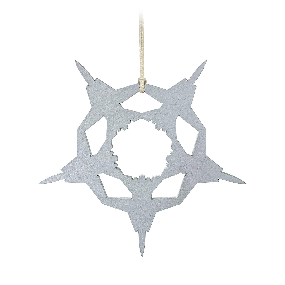 Snowflake F-14 Tomcat ornament crafted from birch wood with silver paint