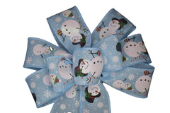 10 inch wide snowman on blue ribbon wired wreath bow