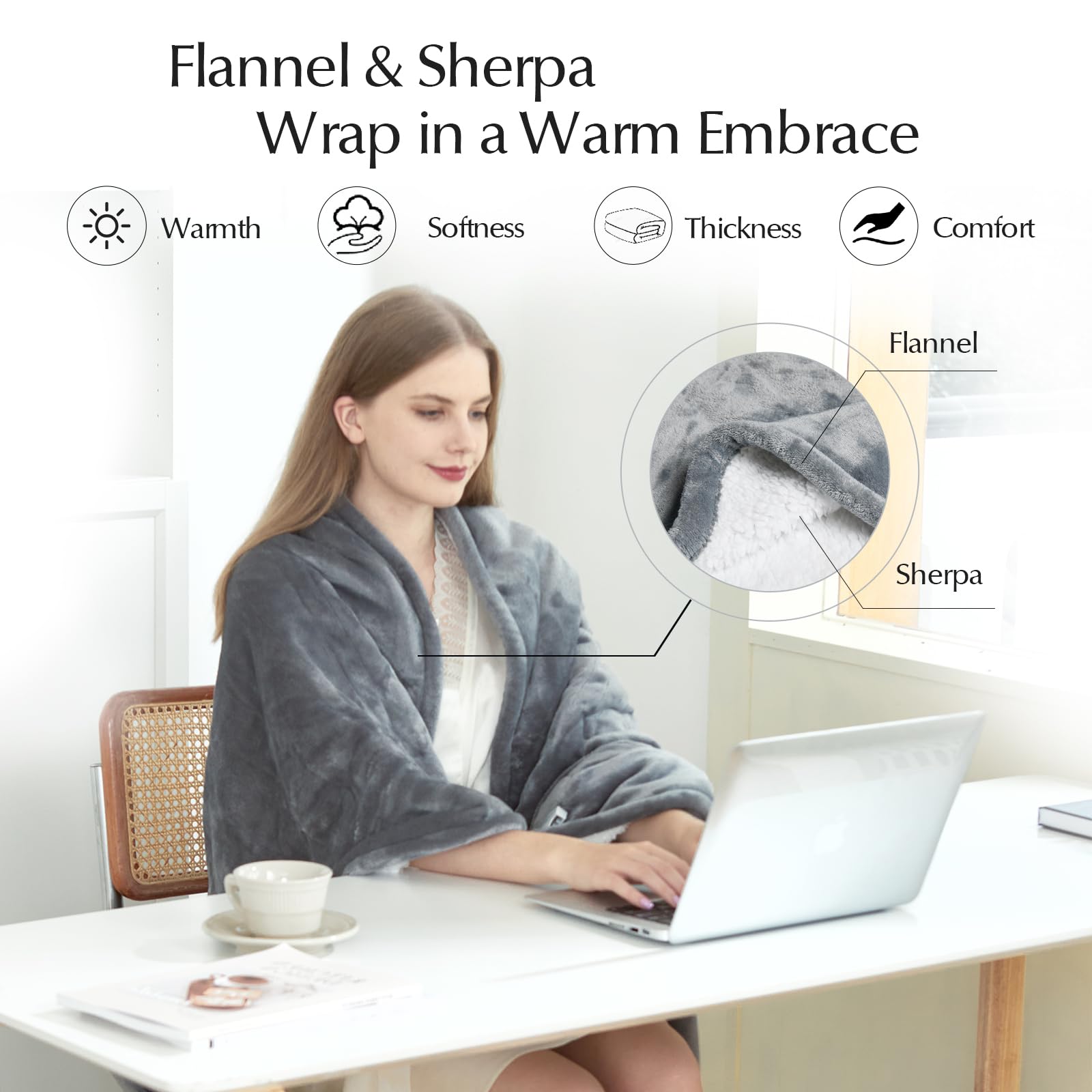 Double-sided thick material on SNUGSUN heated blanket throw