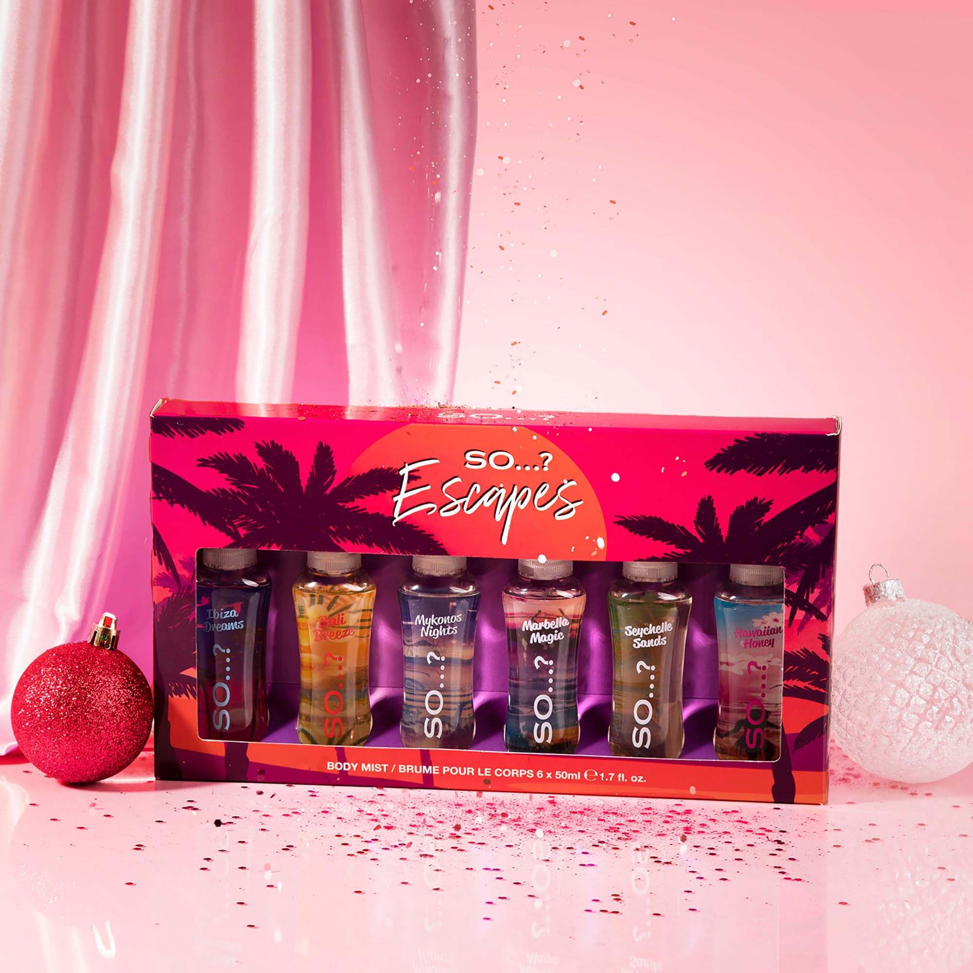 So...? Escapes Body Mist Set six fragrances gift set packaging