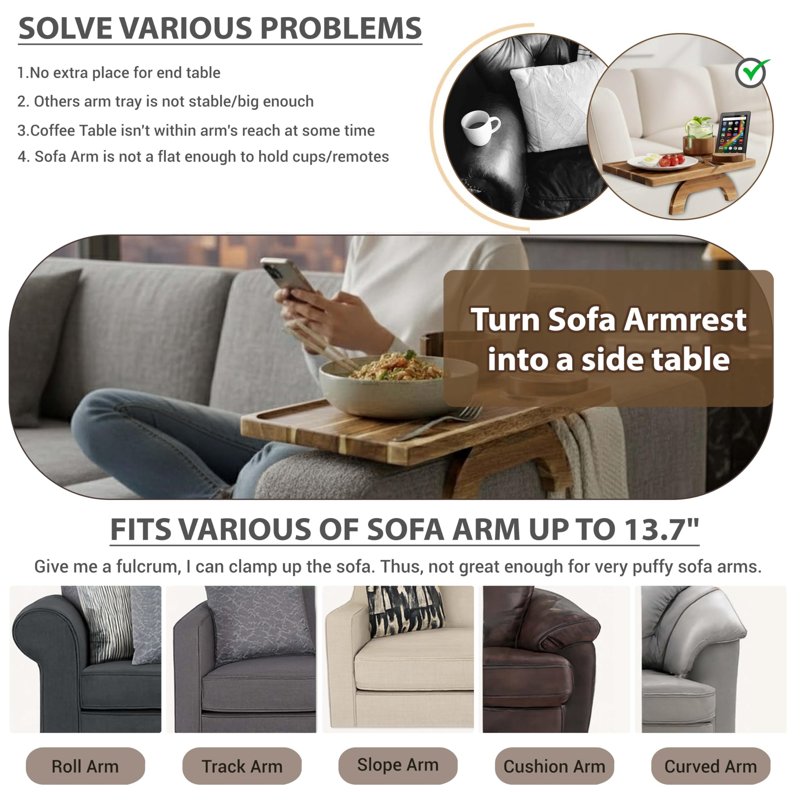 Sofa armrest tray with built in cup holder on living room setting