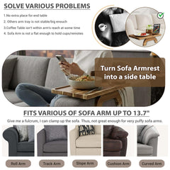 Sofa armrest tray with built in cup holder on living room setting