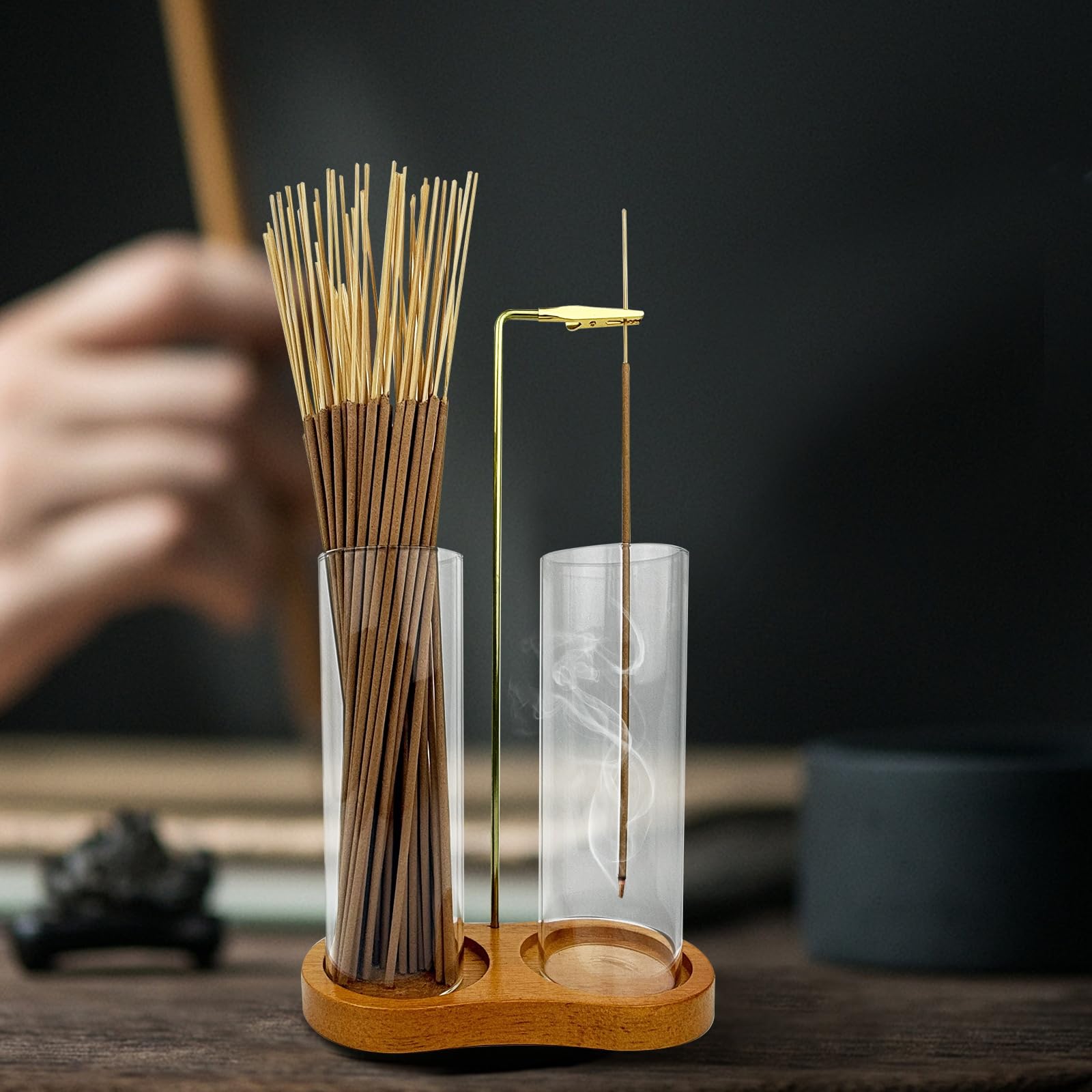 Neutral wood and glass incense holder suited for meditation spaces