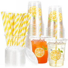 Sofzy 50Pcs Lemonade Stand Cups with Lids and Straws 12oz yellow cups