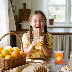 Lemon themed disposable cups with lids and straws by Sofzy for parties
