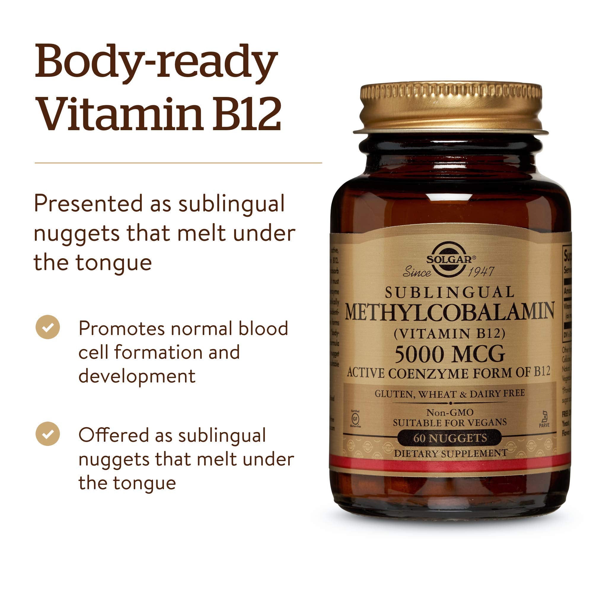 Free from gluten wheat dairy soy yeast sugar sodium artificial flavors and colors Solgar B12 nuggets