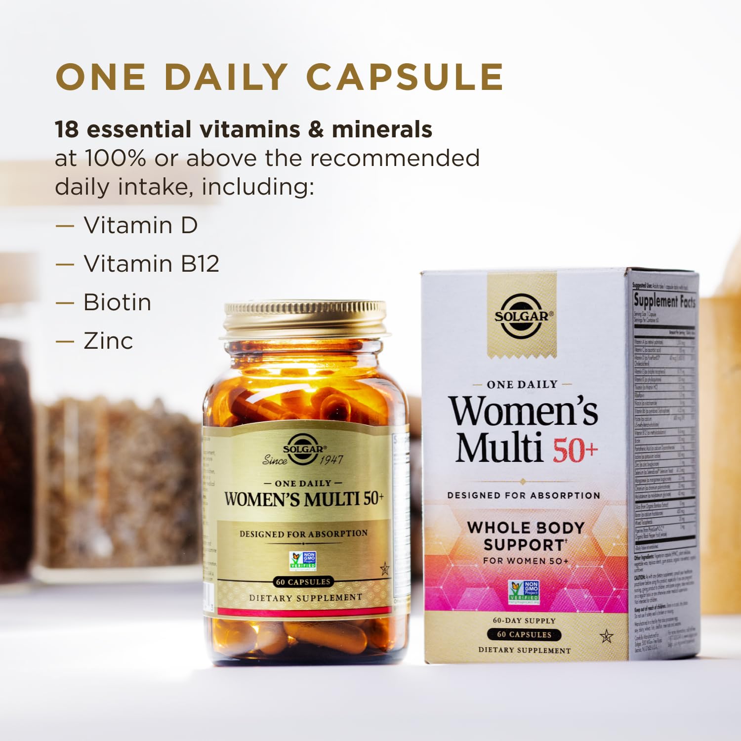 L-5-MTHF and Vitamin E for heart health in Solgar 50+ women multivitamin