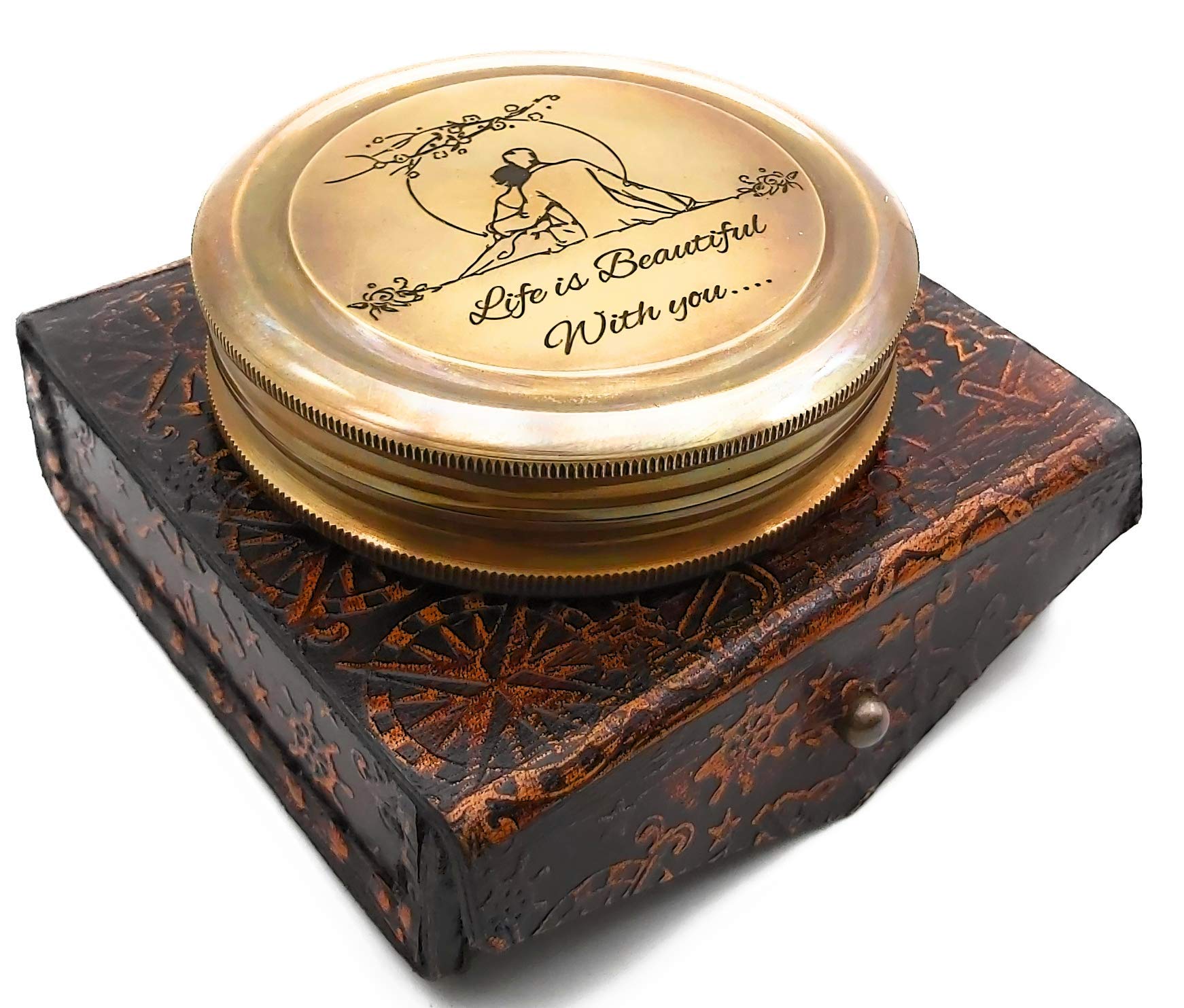 E E cumings engraved compass with copper rose and red-tipped needle