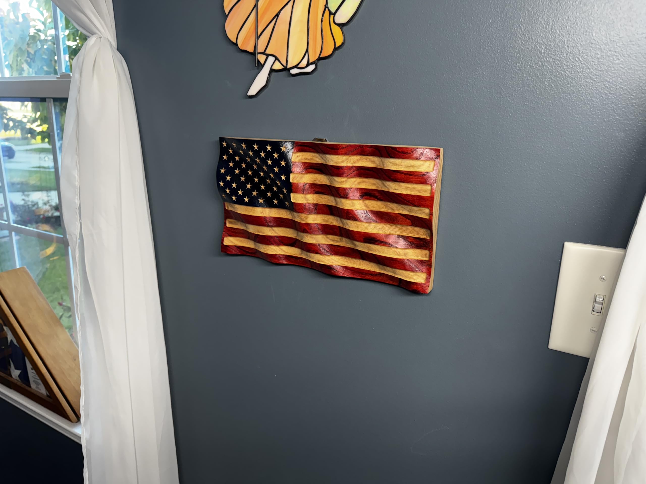 Solid red oak flag with hand painted detailing