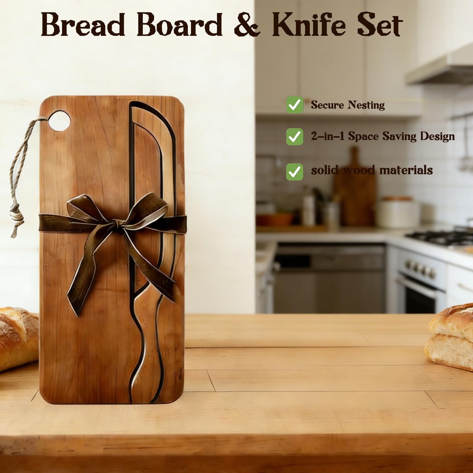 Natural wood cutting board with bow knife detail