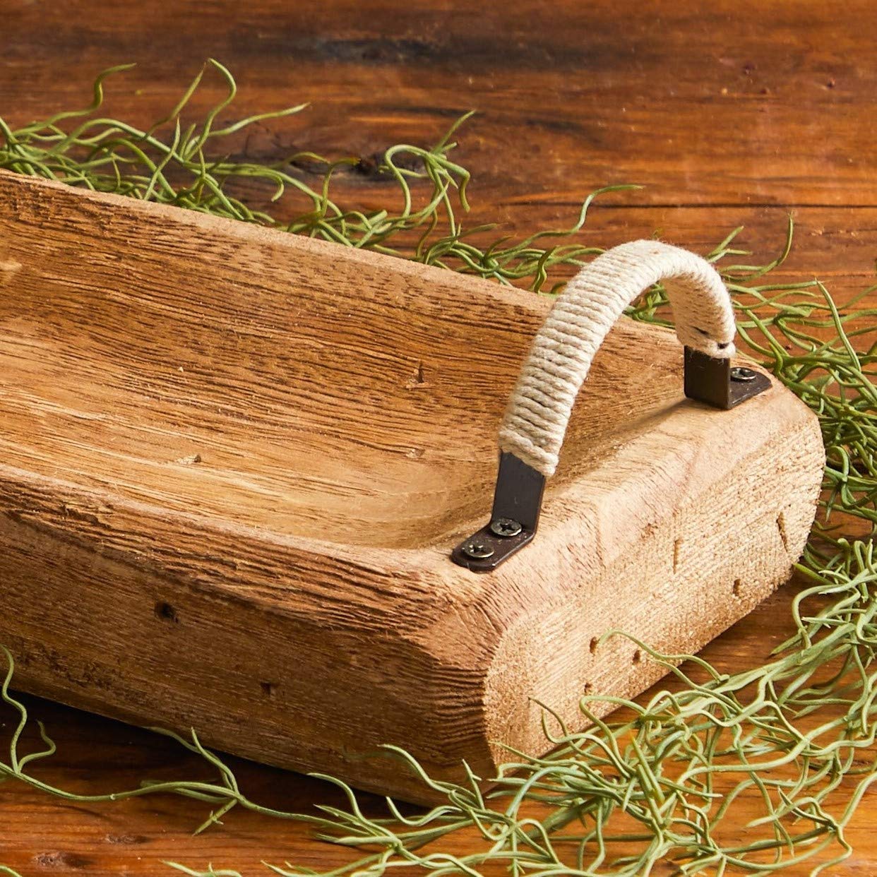 Close-up of solid wood tray with light brown finish