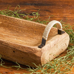 Close-up of solid wood tray with light brown finish