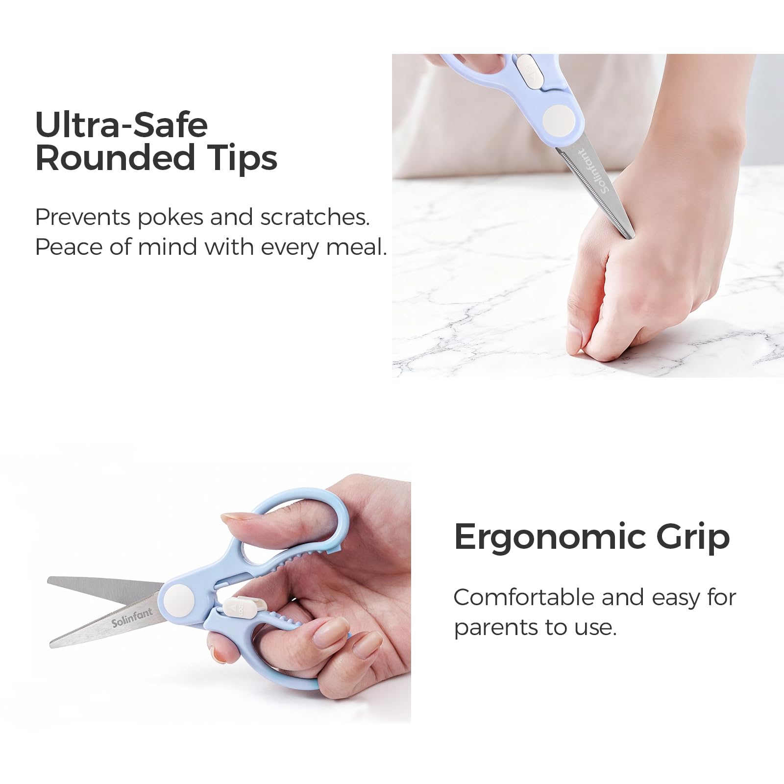 Ergonomic grip for left and right handed users Solinfant scissors