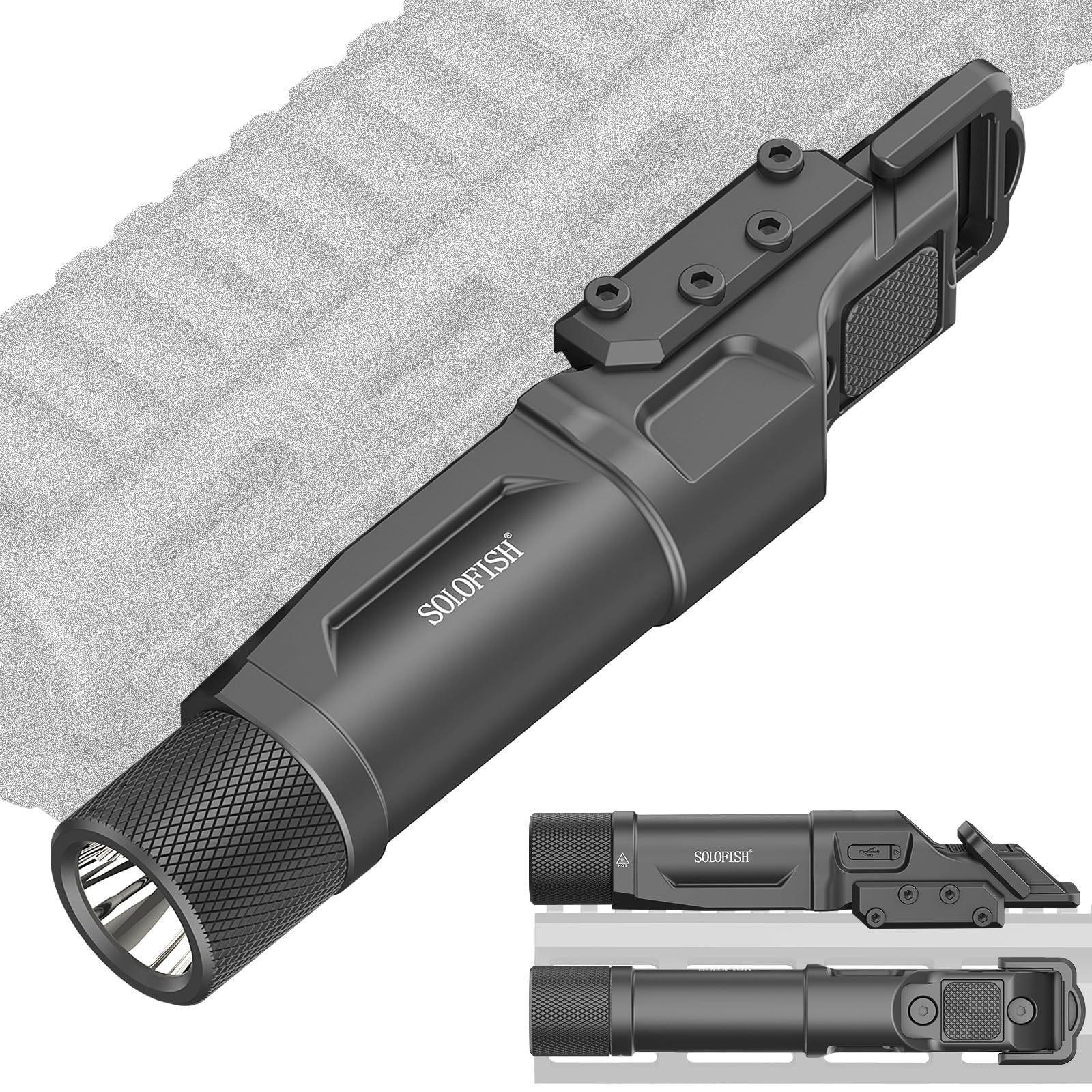 Solofish 1750 lumens tactical flashlight mounted on rifle rail