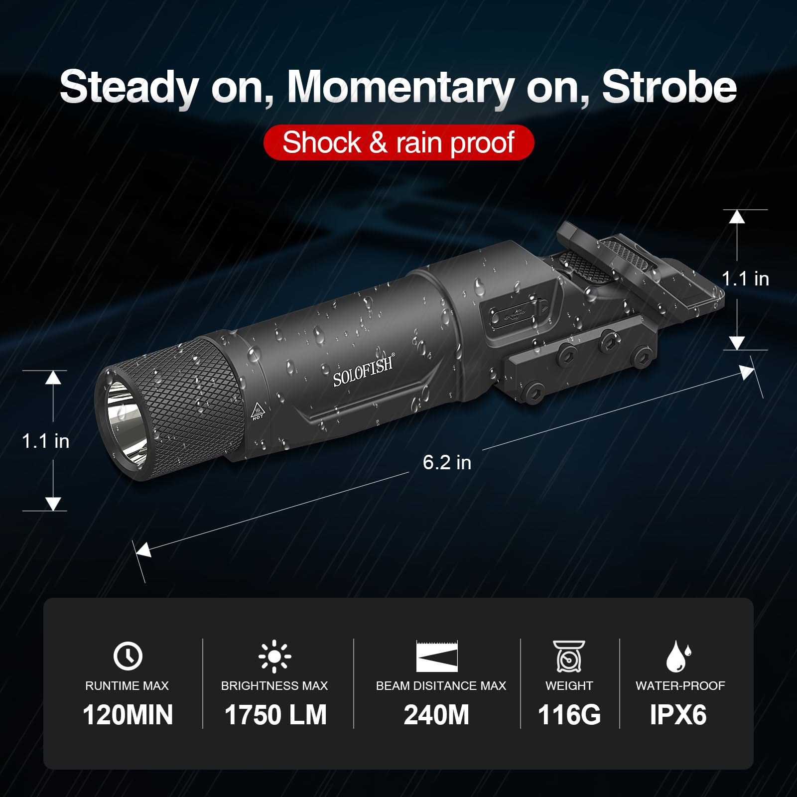 Built-in USB rechargeable non-replaceable battery for Solofish flashlight