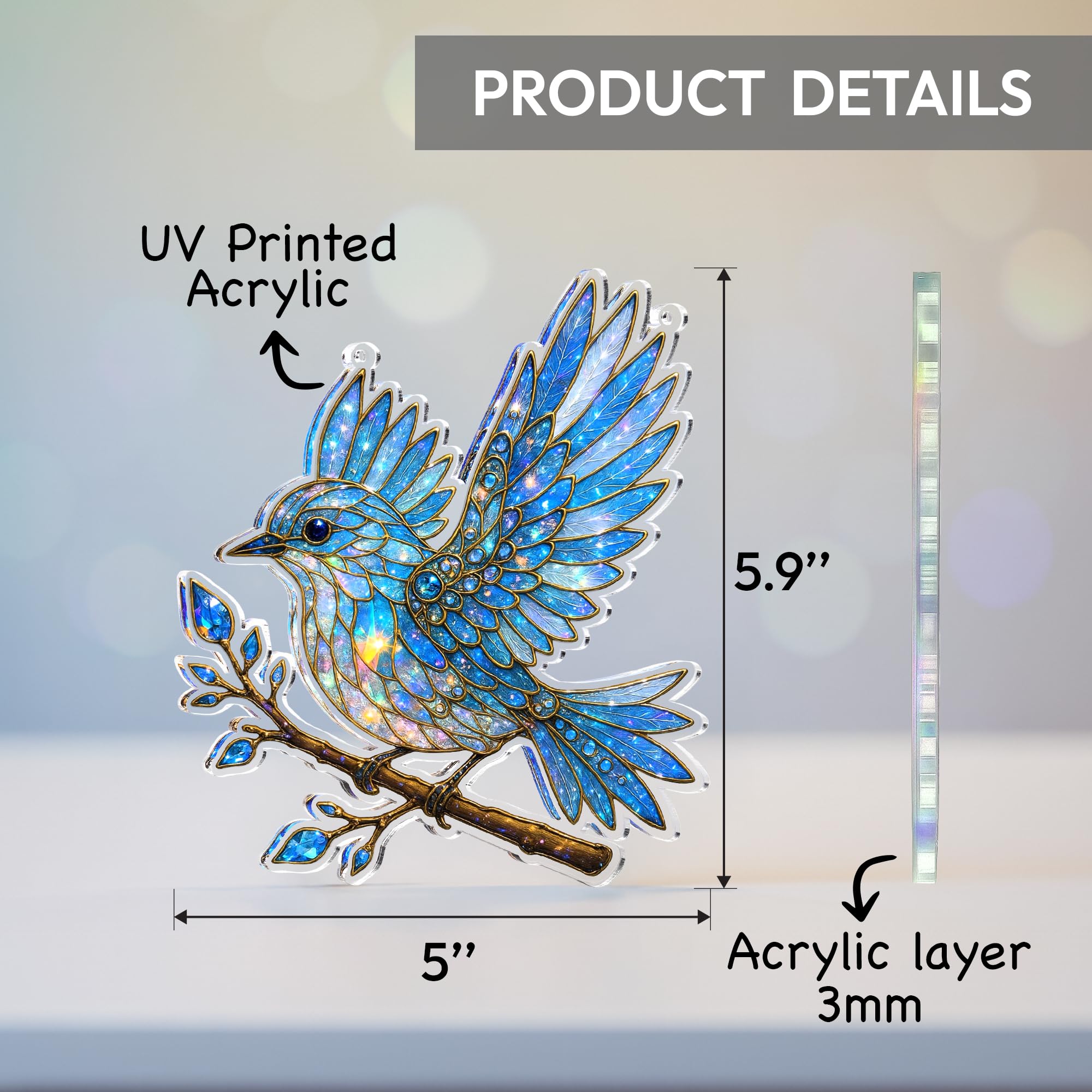 Bluebird suncatcher Solymall hanging in window light