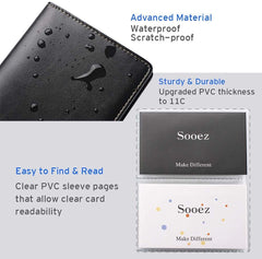 Sooez leather card organizer showing PU leather cover and PVC pockets