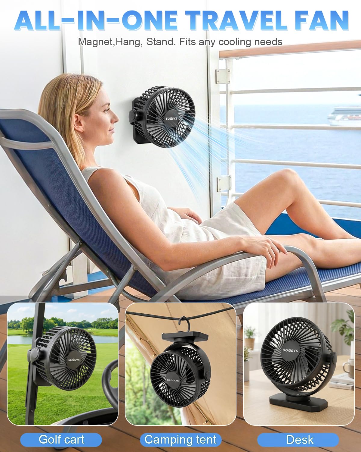 Portable SOQSYS cruise essentials fan for camping