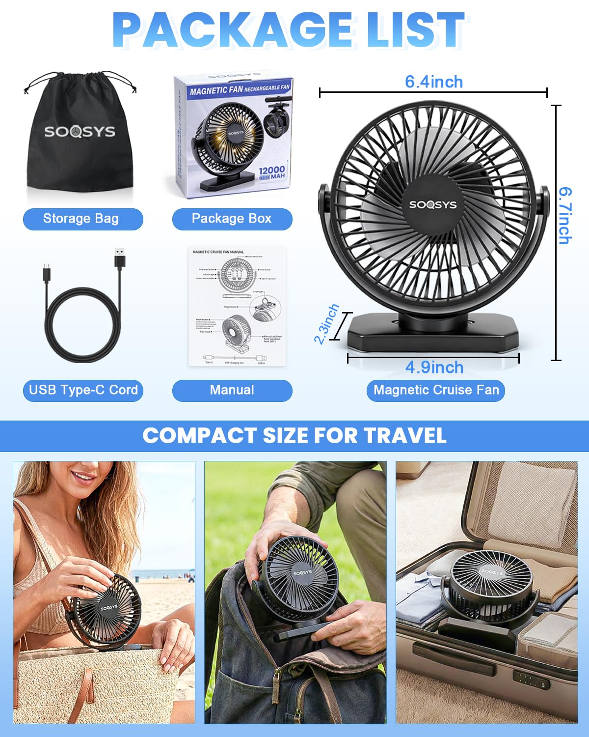 2 pack travel fan by SOQSYS for cruises and trips