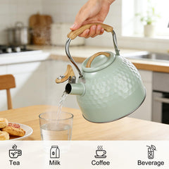 Whistle spout tea kettle on induction stove by Sorfity green