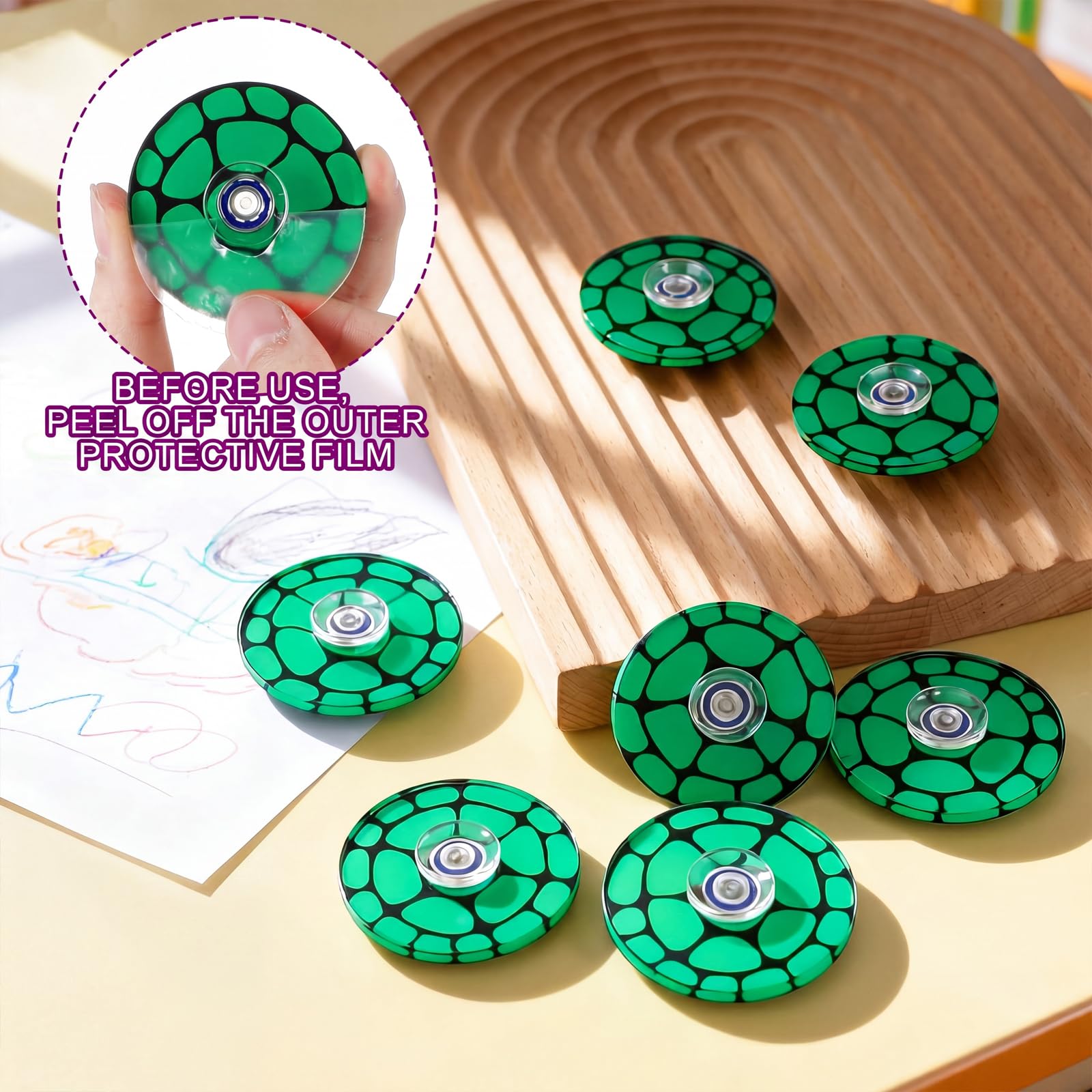 Green turtle pattern fidget spinner with black accents on surface