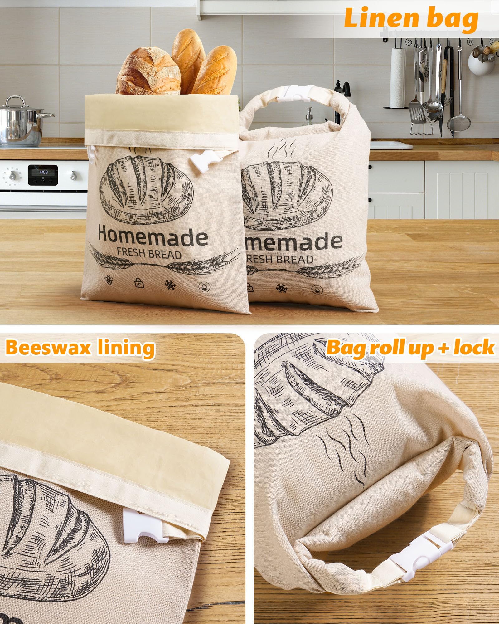 Reusable beeswax lined bread bag large 17x12.6 inches for bread storage