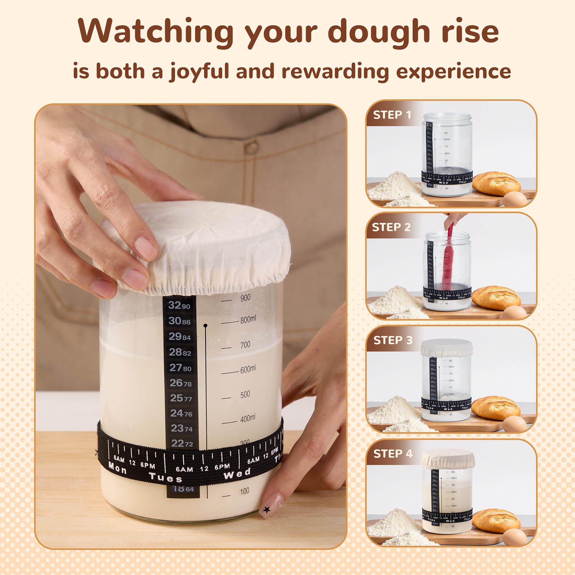 30oz sourdough starter jar with tracker thermometer and spatula