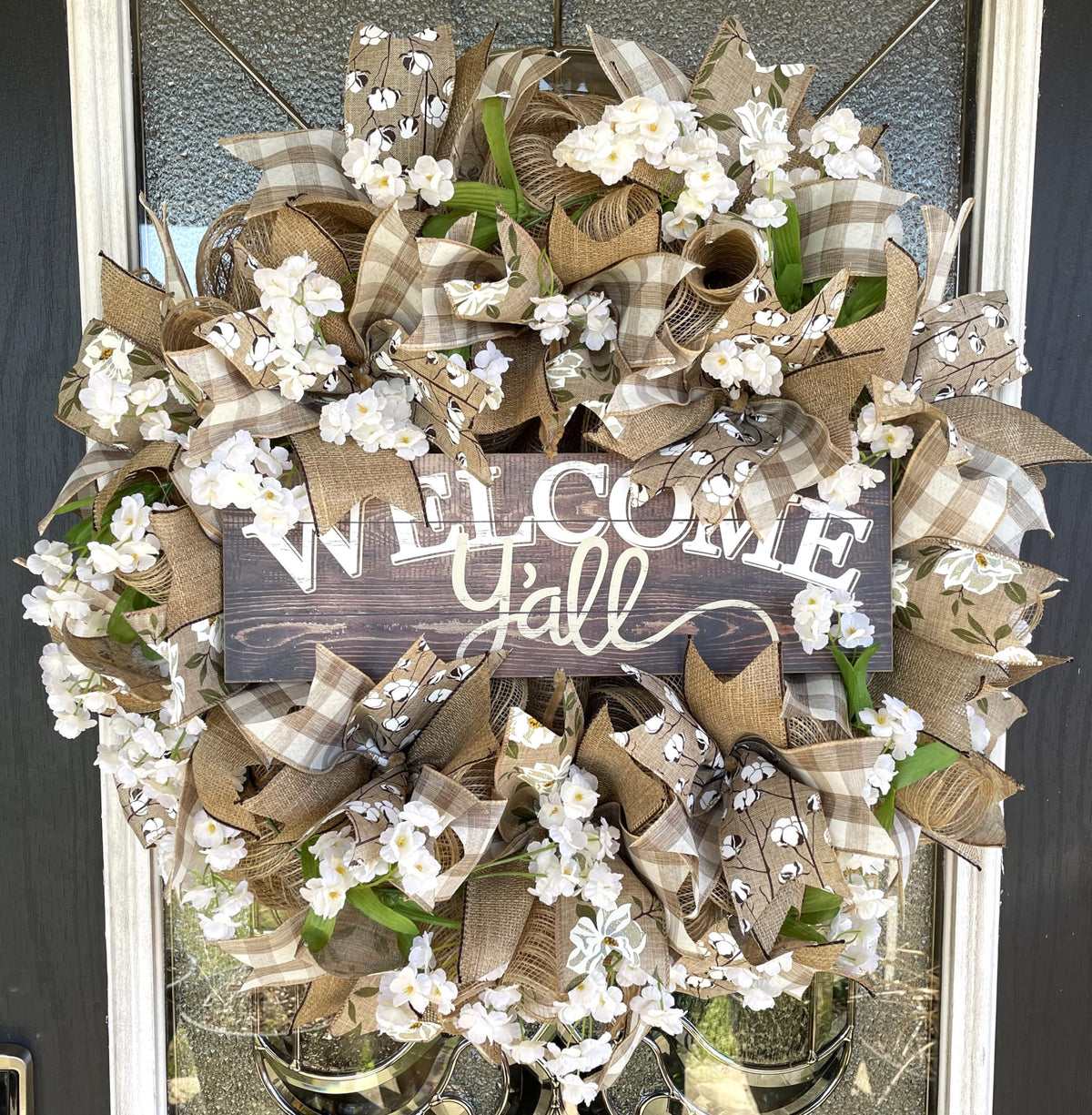 Southern Charm Welcome Y'all Magnolia Cotton deco mesh front door wreath on door