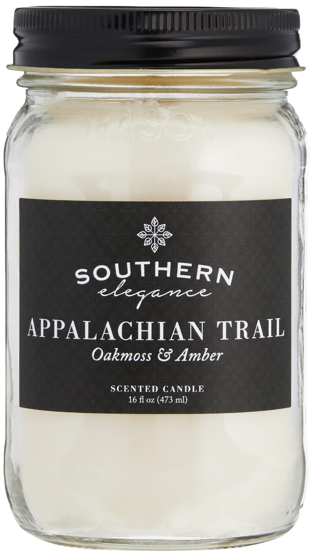 Southern Elegance Appalachian Trail Oakmoss Amber candle in a 16 oz mason jar
