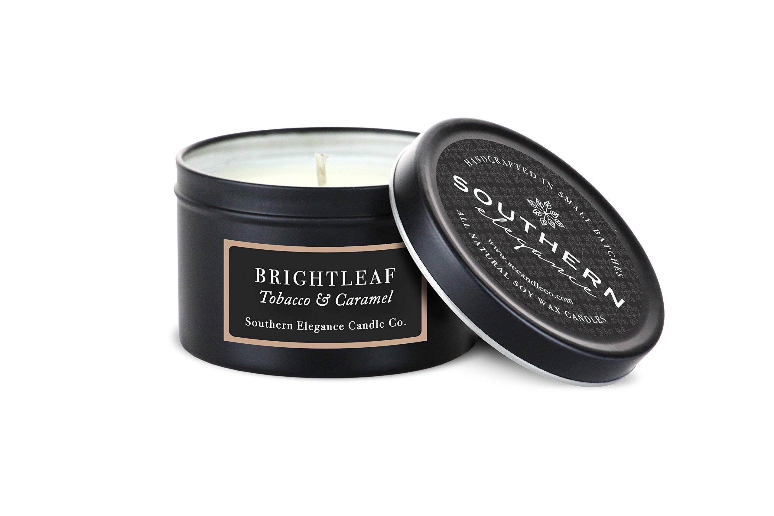 Southern Elegance Brightleaf Tobacco and Caramel candle in 6 oz travel tin
