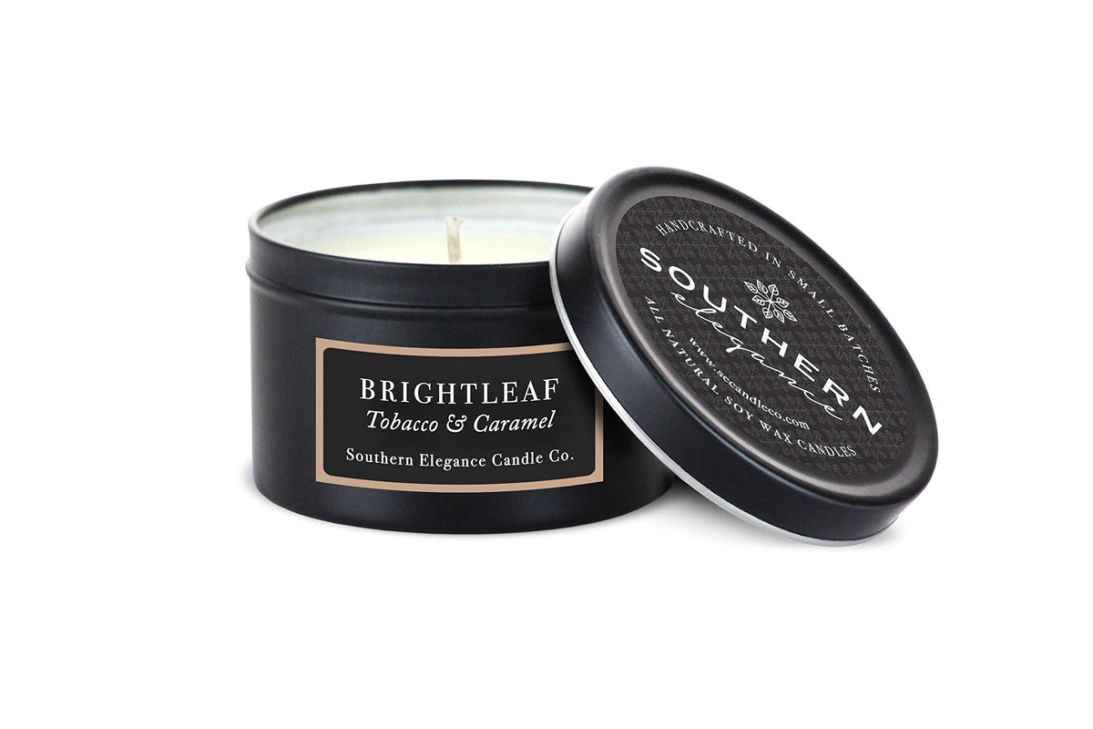 Southern Elegance Brightleaf Tobacco and Caramel candle in 6 oz travel tin