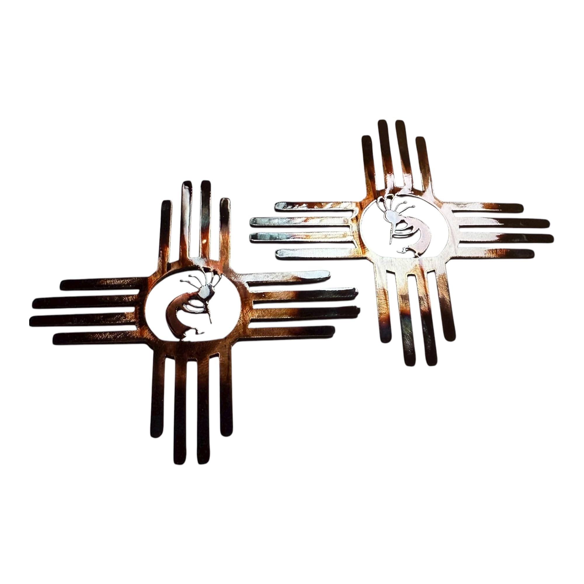 Southwestern Zia Kokopelli pair left and right metal wall art 14 inch