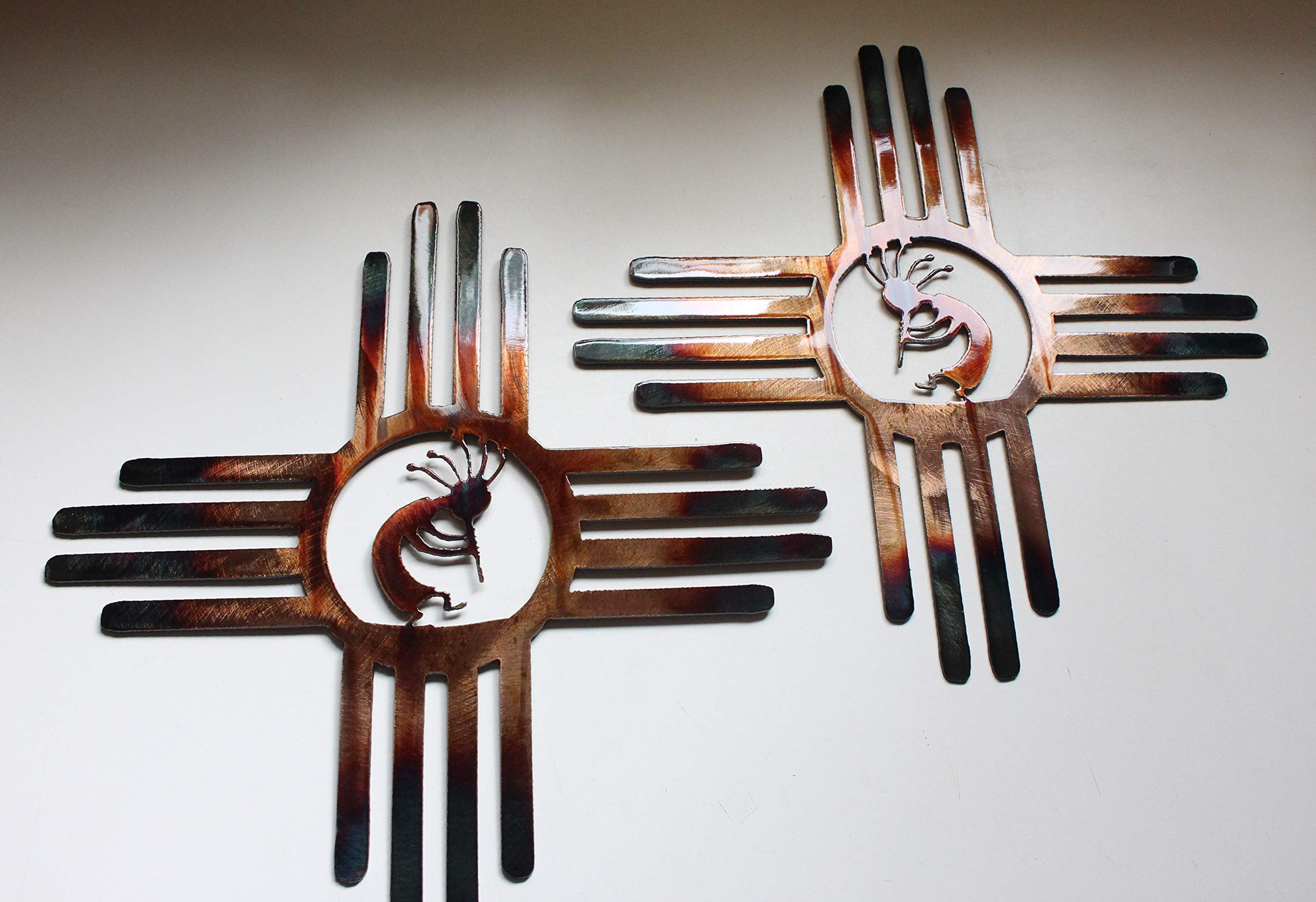 Southwestern Zia Kokopelli pair metal wall art 20 inch copper bronze plated finish