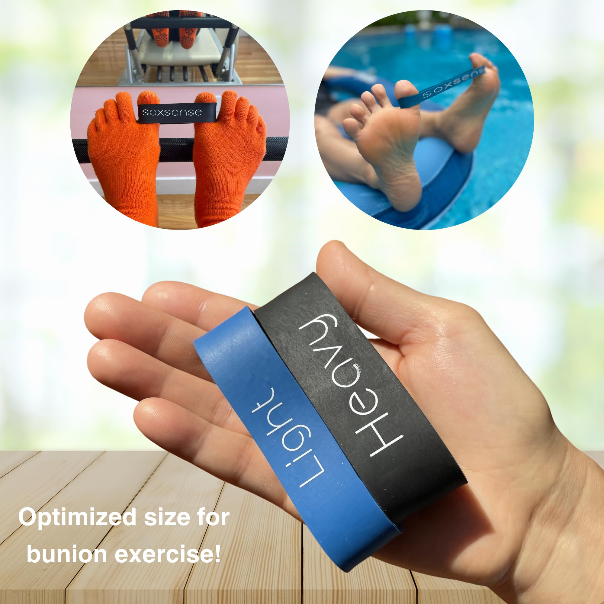Soxsense toe stretcher bands in use for toe flexibility