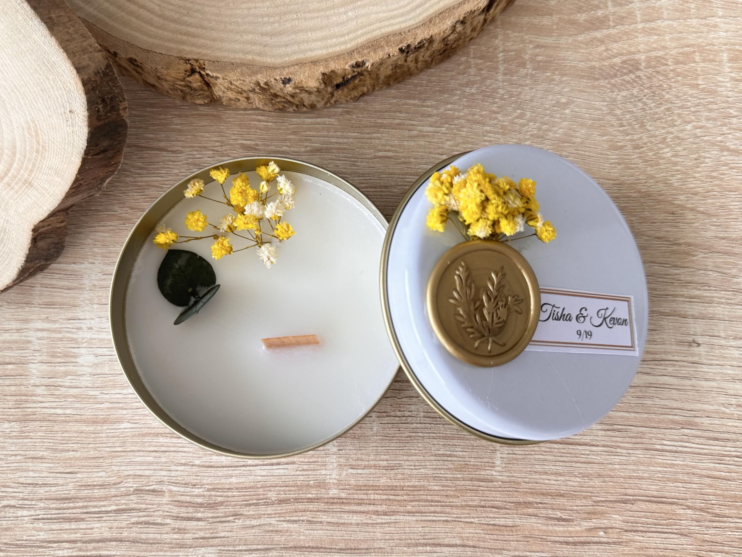 Table decoration candle favors in sealed tins