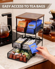 Multi-purpose tea and coffee bar organizer with sugar space