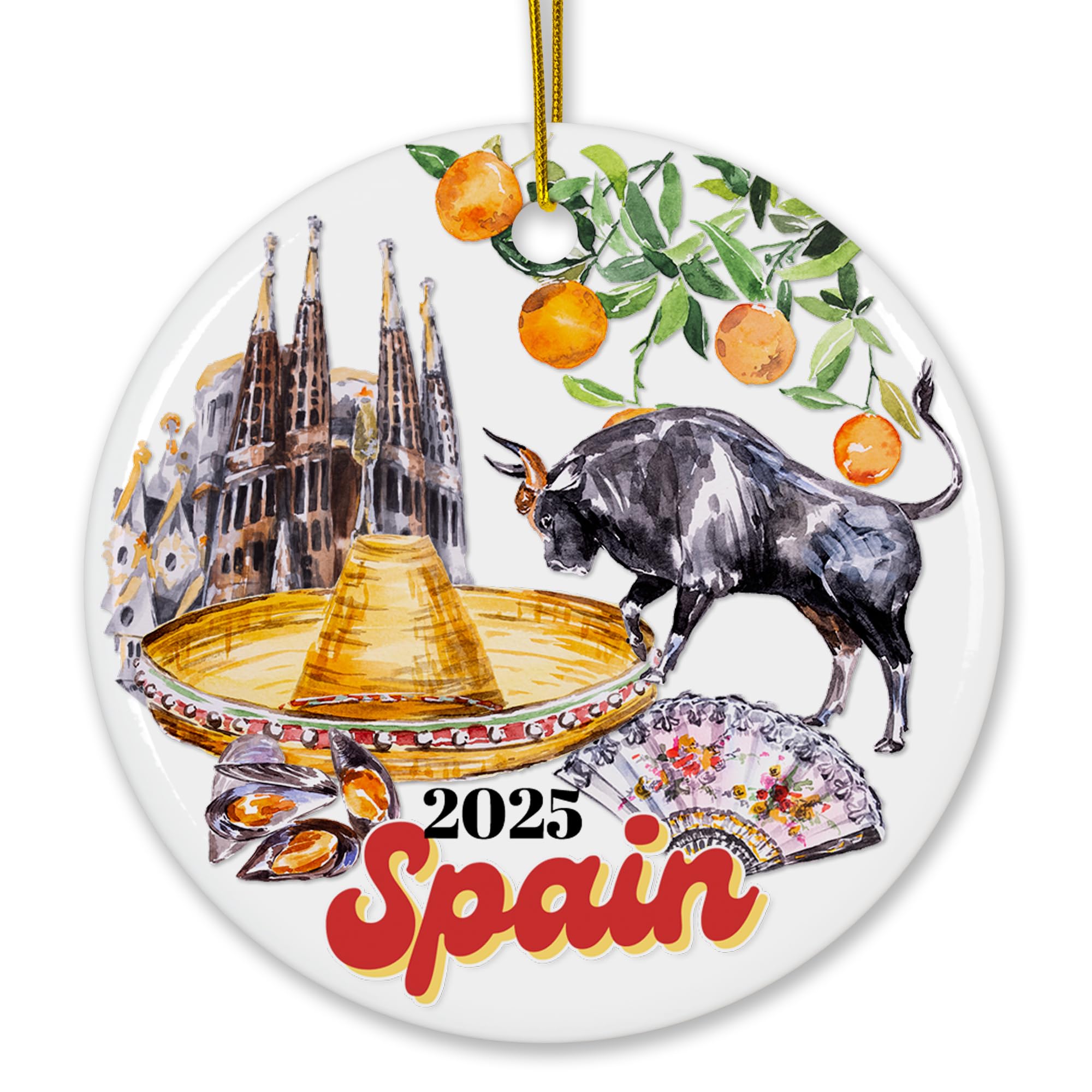 Spain Destination Icons Collage Christmas Ornament front view