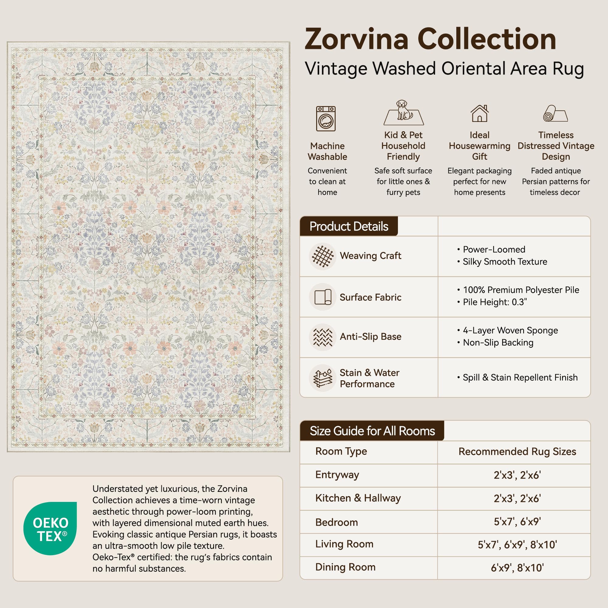 5x7 area rug with botanical ivory base and floral details