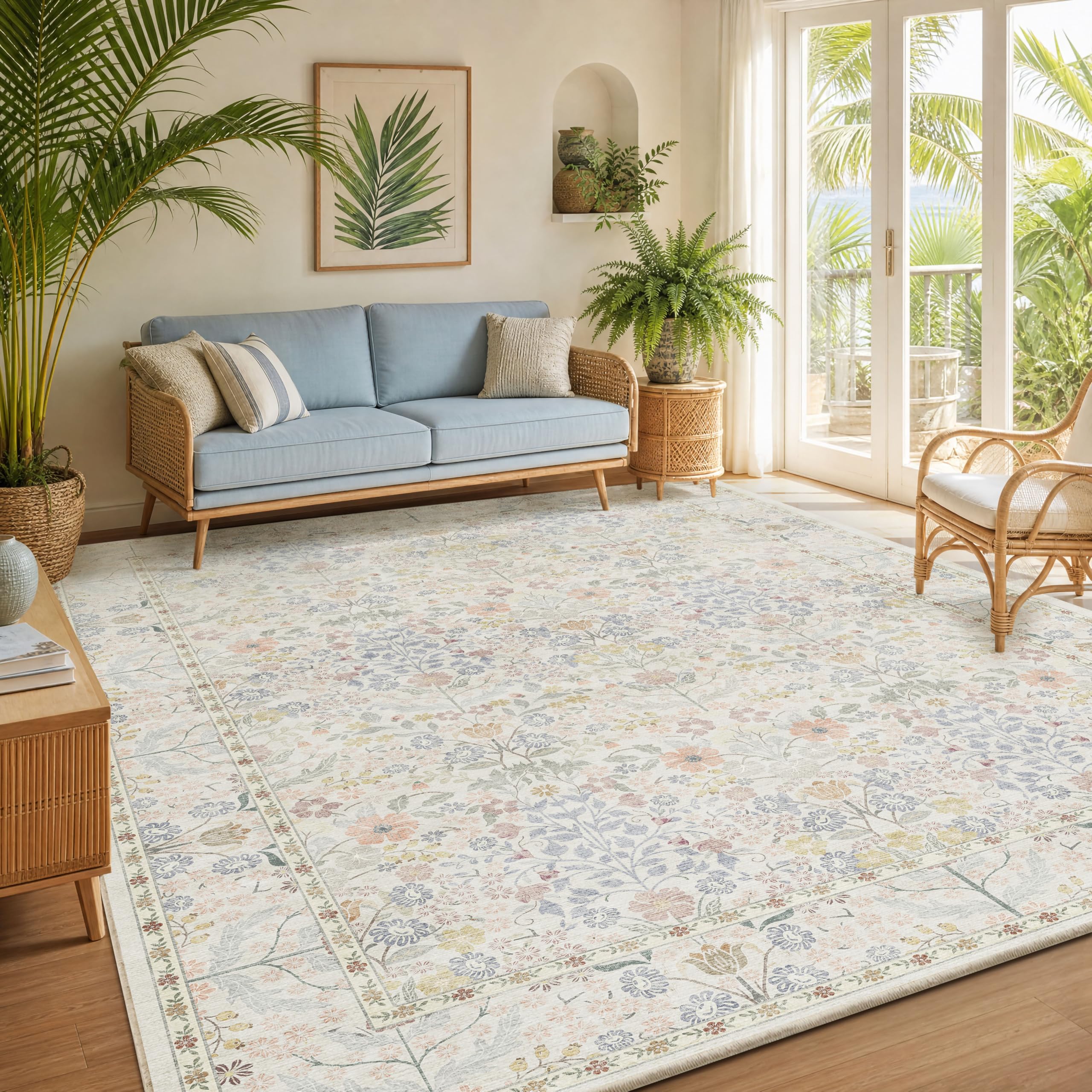 Floral pattern with sage green dusty blue and blush pink on ivory