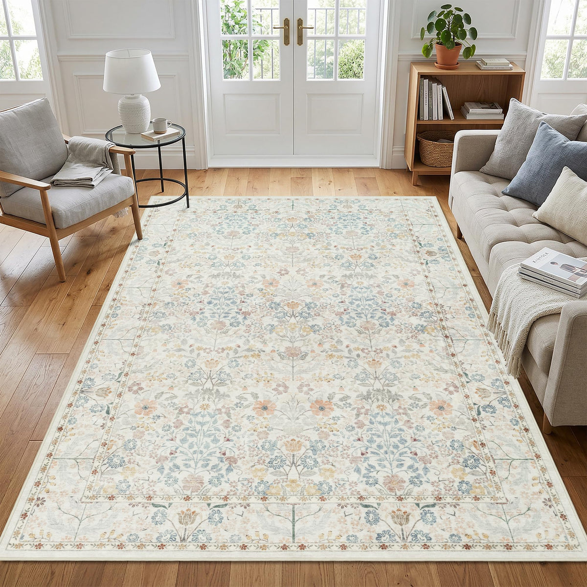 SparkleGaze white beige ivory floral living room rug 5x7