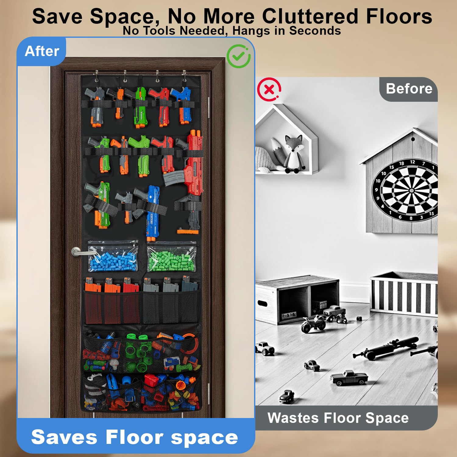 Includes four metal hooks for door mounting