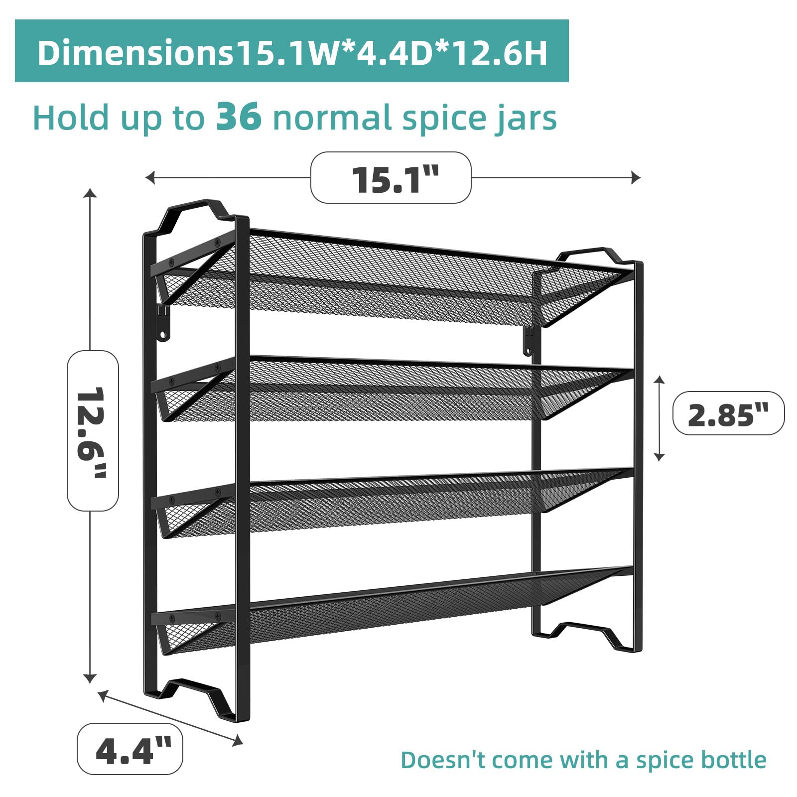 Black metal mesh four-tier spice rack for kitchen storage