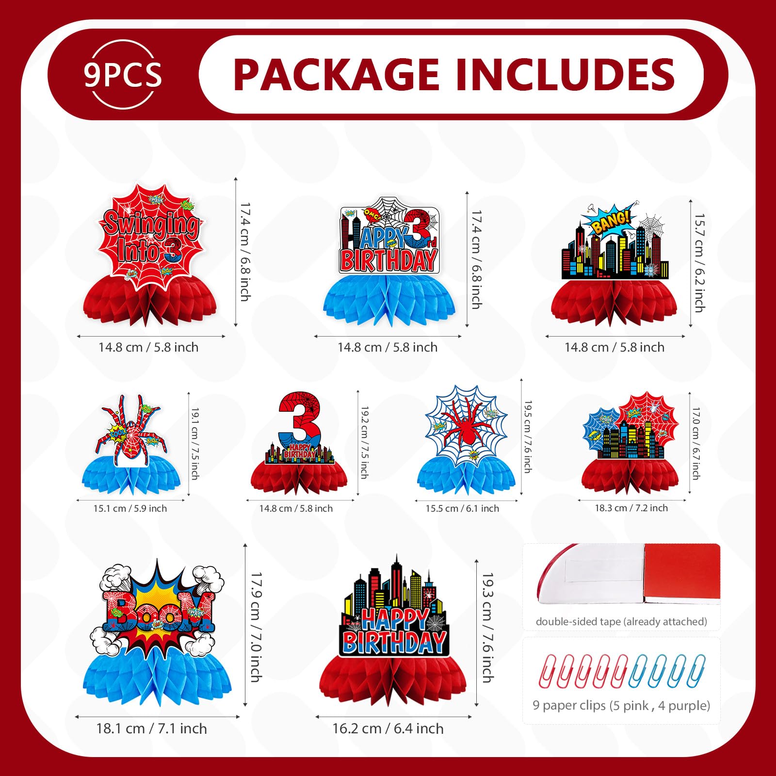 Spider themed centerpieces with blue red spider elements and cityscapes